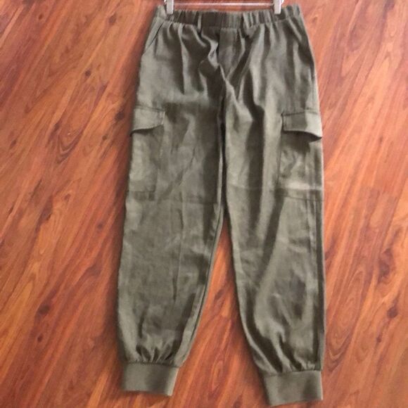 Olive green, silky, elastic waist jogger L “know one cares” - Picture 1 of 5